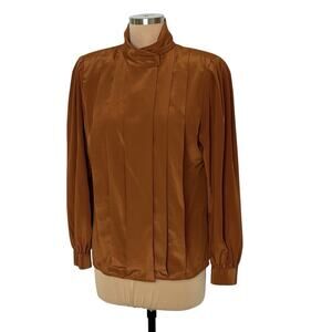 Liquid Silk Blouse Peters Ashley Womens 10 Pleated Front Wrapped Neck Rust Brown
